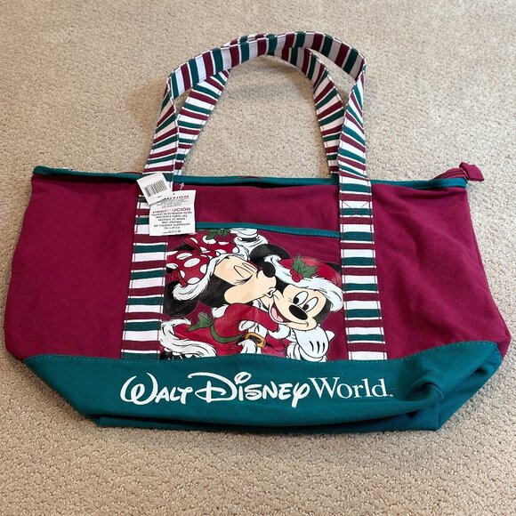 Disney Park Tote Bag Mickey Mouse Minnie Christmas Holiday Canvas Zip Close NWT - Picture 1 of 13